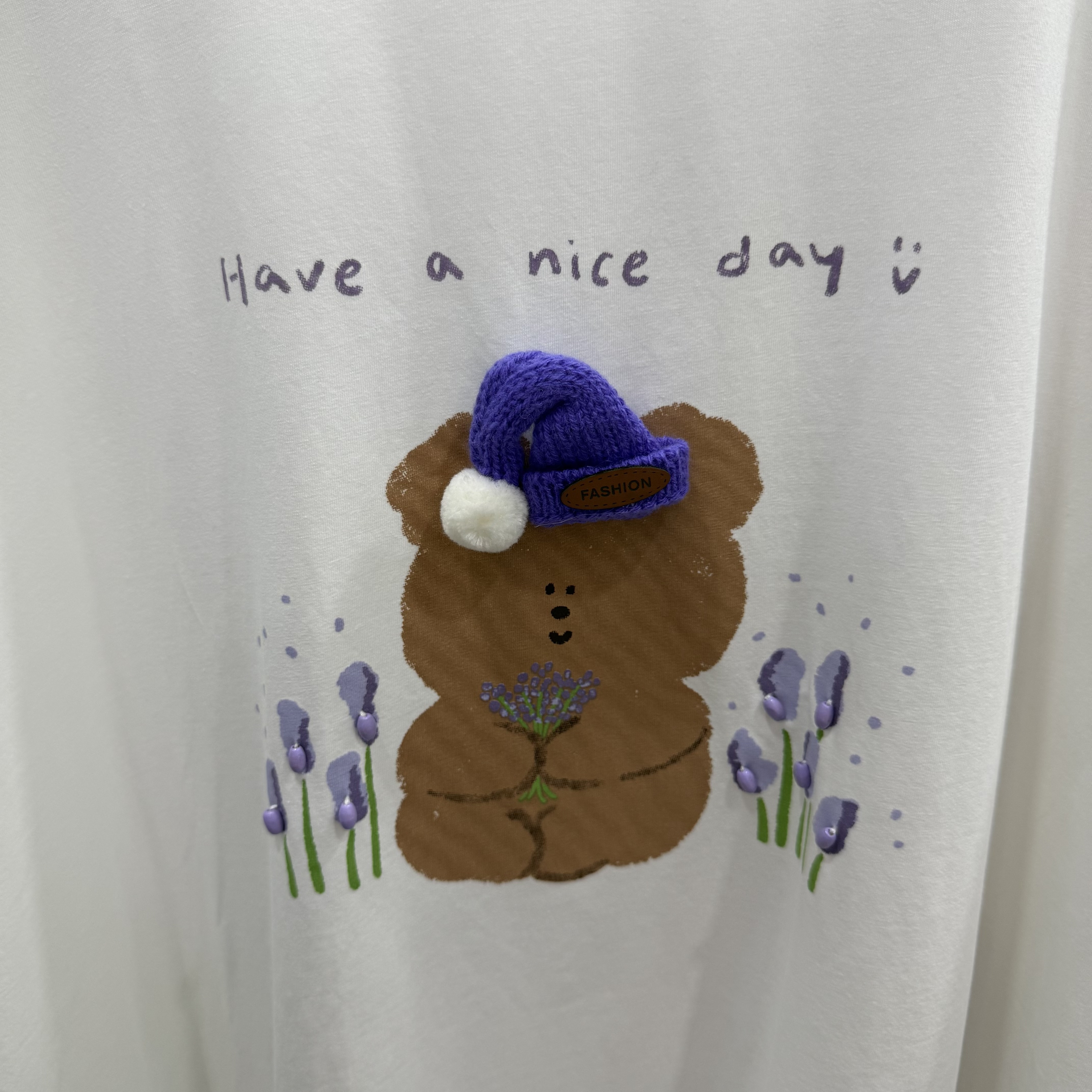 Handmade Teddy Bear Tee – 3D Knit Hat & Beaded Cotton T-Shirt