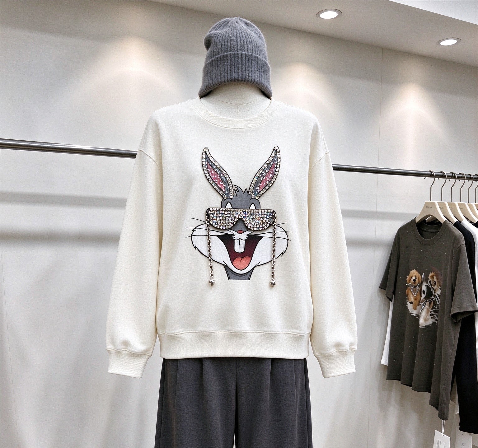 Rhinestone Bugsbunny Graphic Sweatshirt | 3D Chain & Beaded Sunglasses Crewneck