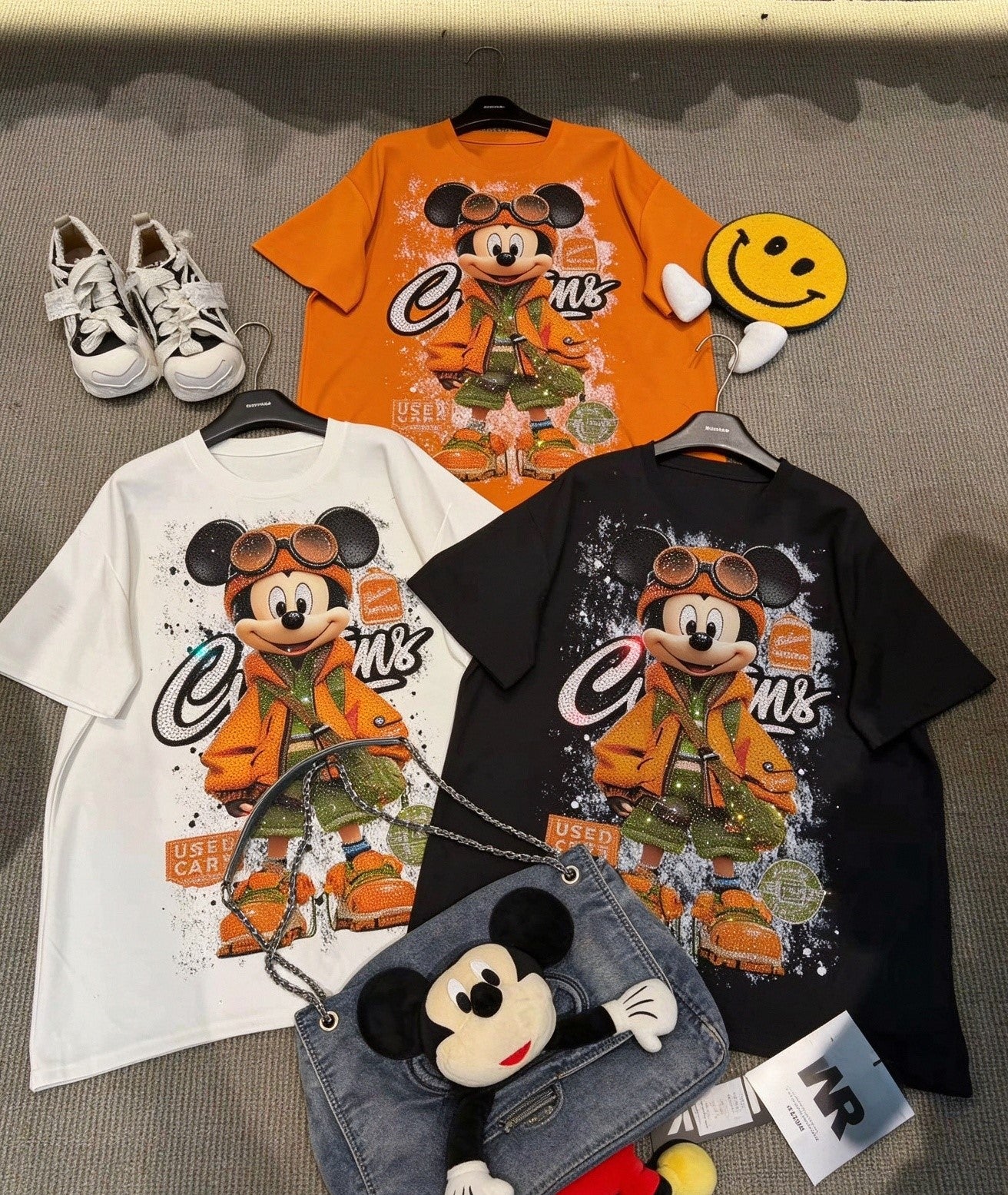 Heavy Rhinestone Vintage Mickey Graphic T-Shirt – Oversized Sparkle Cartoon Streetwear Tee