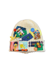 Vinesu H8 - Vintage Teddy Bird Patchwork Knit Beanie | Handmade 1-of-1 Reworked Winter Hat 🤍White