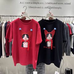 A103 - Oversized Graphic T-Shirt - Cute 3D Cat Print with Real Scarf & Pom-Pom Accents, 220g Premium Cotton Breathable Loose Tee