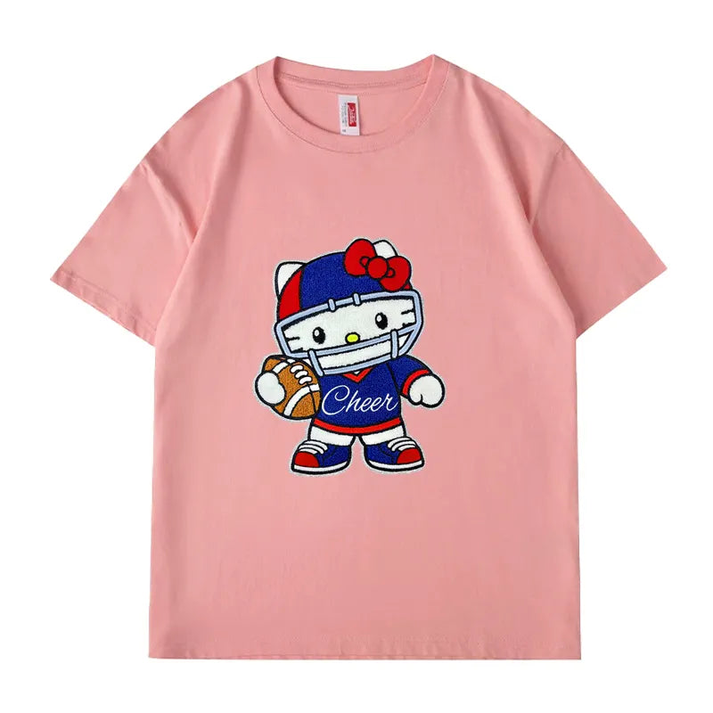VINESU Sports Style Hello Kitty Football-Themed Textured Embroidered Short-Sleeve T-Shirt