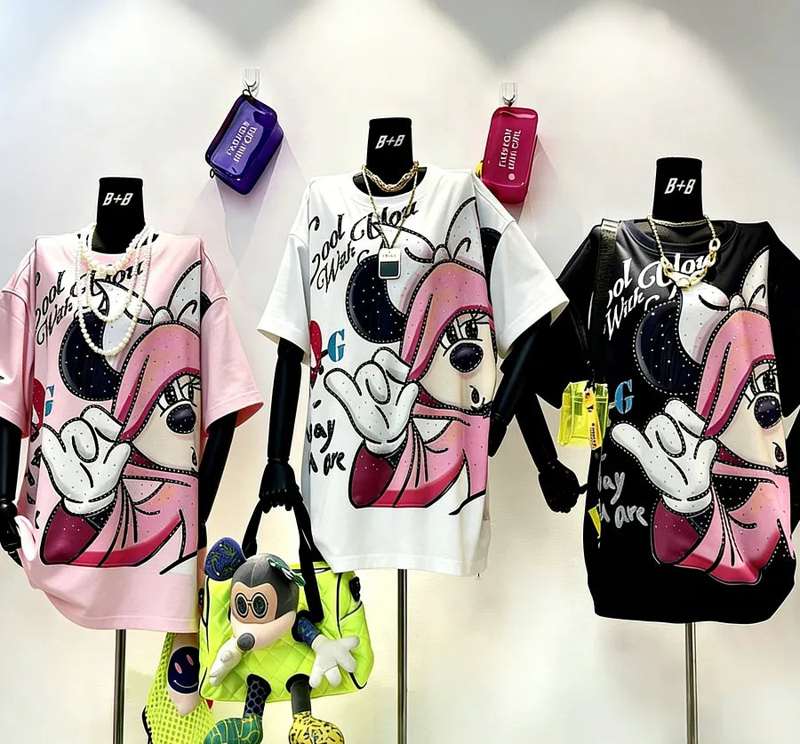 VINESU MK05 - Pop Art Cartoon Print Rhinestone 220g Cotton T-Shirt