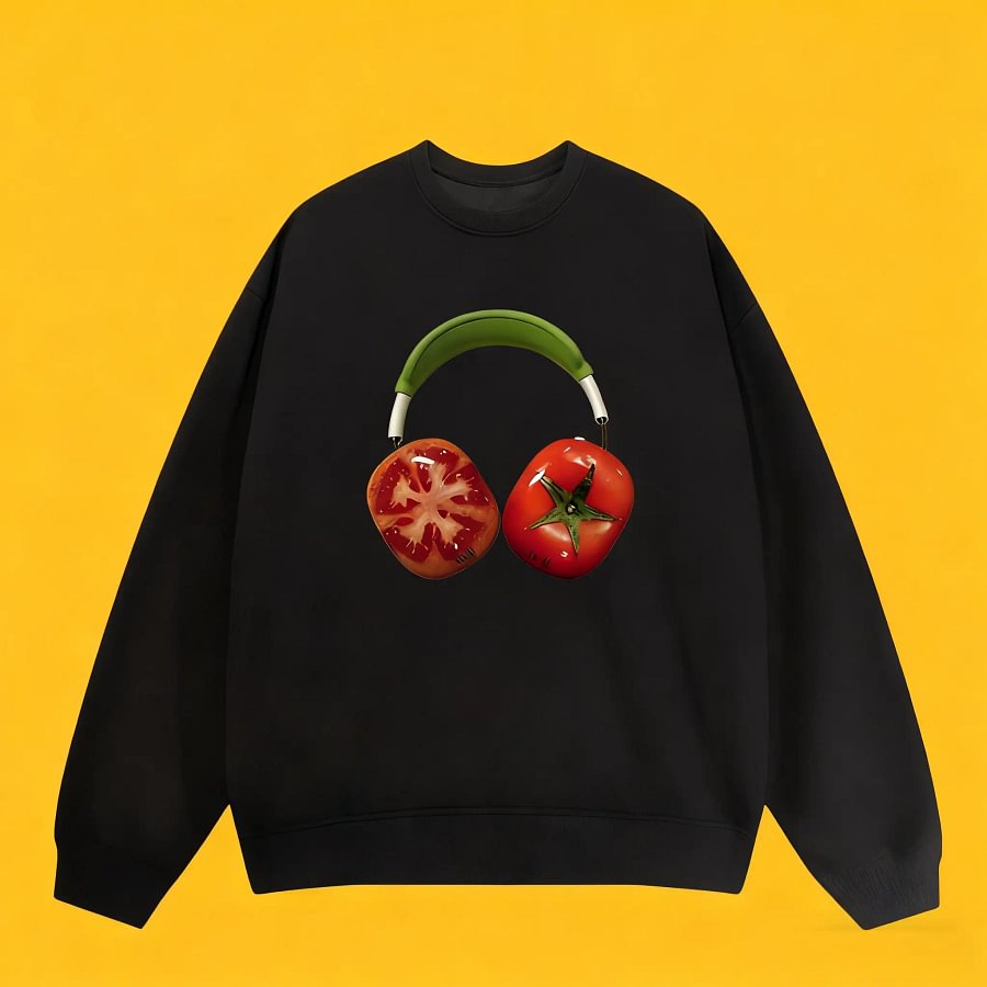 Vinesu Trendy Brand Fun Tomato Headphone Print Crew Neck Sweatshirt