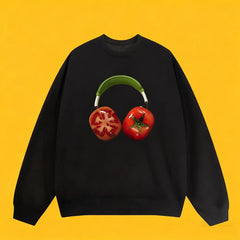 Vinesu Trendy Brand Fun Tomato Headphone Print Crew Neck Sweatshirt