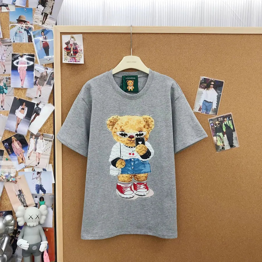 VINESU A18 - Selfie Teddy Bear Print Hand-Beaded Casual T-Shirt