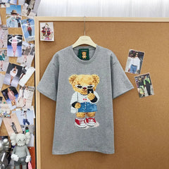 VINESU A18 - Selfie Teddy Bear Print Hand-Beaded Casual T-Shirt