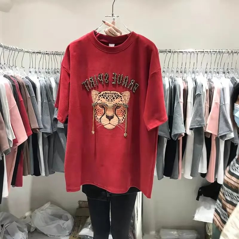 VINESU A28 - Rhinestone Leopard Head Chain Oversized Tee, Brave Spirit Graphic Print T-Shirt