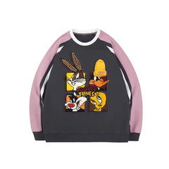 VINESU Looney Tunes 3D Accent Color-Block Sleeve Crewneck Sweatshirt | Retro Streetwear Casual Top