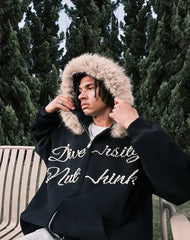 VINESU A34 - Oversized Fur Trim Rhinestone Letter Zip Up Hoodie, "Diversity" Graphic Streetwear Hoodie