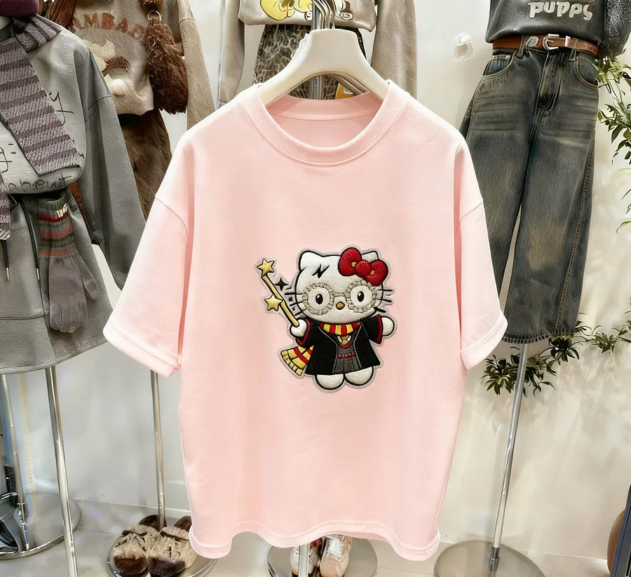 VINESU Magic Style Hello Kitty Rhinestone Glasses Embroidered T-Shirt