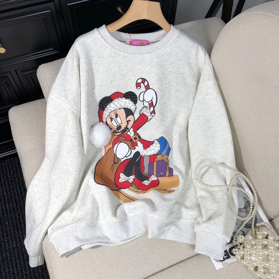 VINESU Christmas MN Cartoon Print Hand-Applied Beads Crewneck Sweatshirt