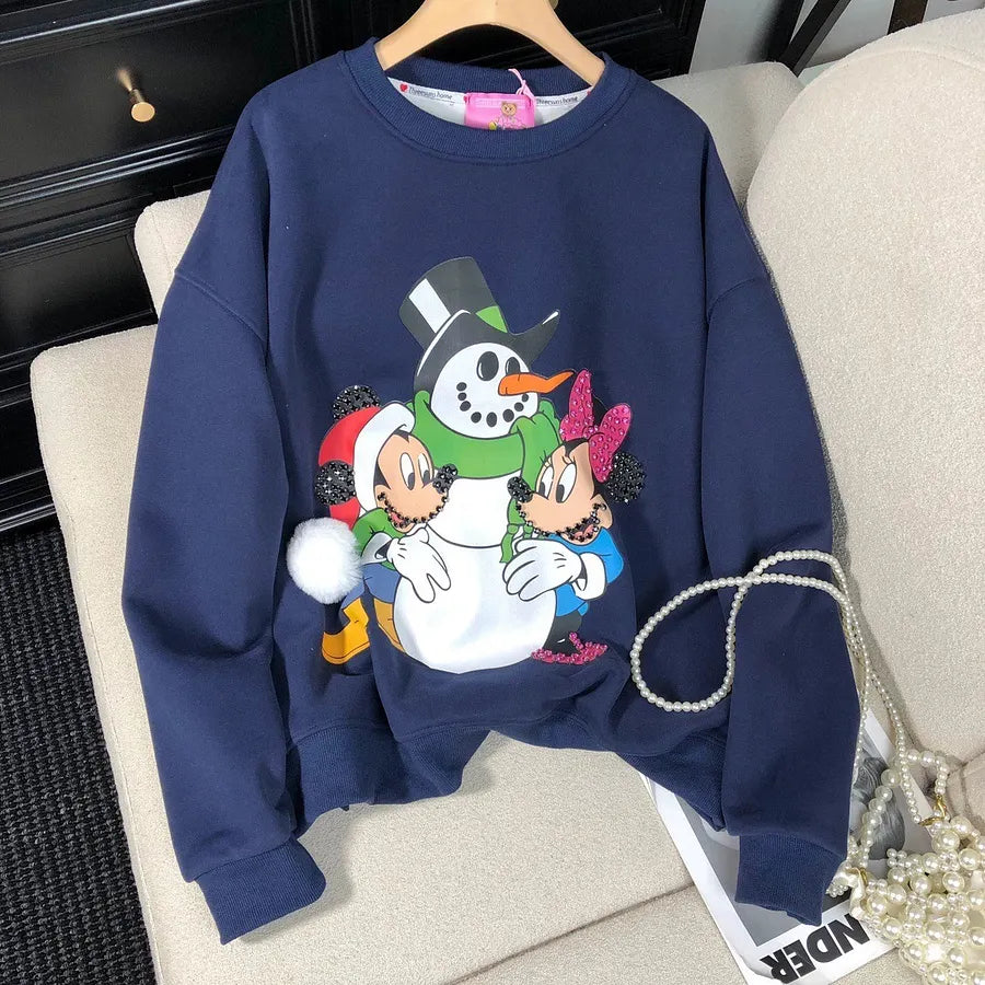 VINESU Christmas MK Cartoon Print Hand-Applied Beads Crewneck Sweatshirt