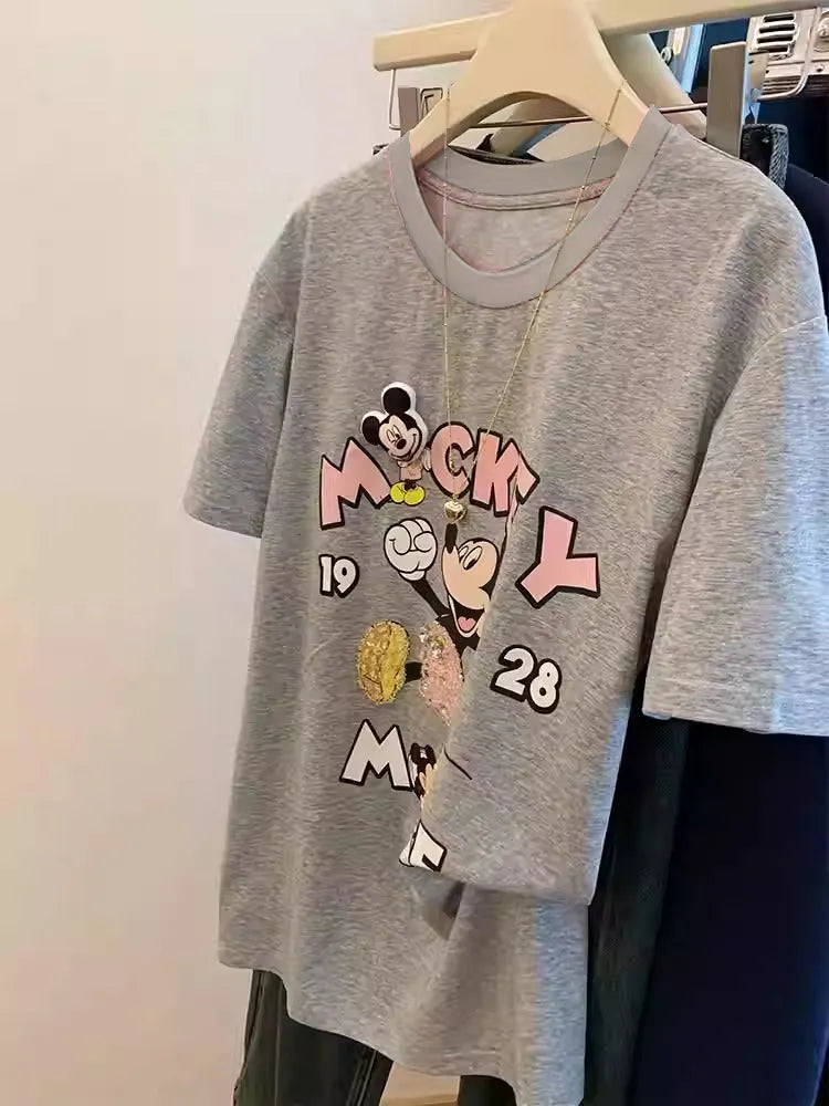 100% Cotton Mickey Mouse T-Shirt | Sequins + 3D Plush Padding + Chunky Diamond Gems