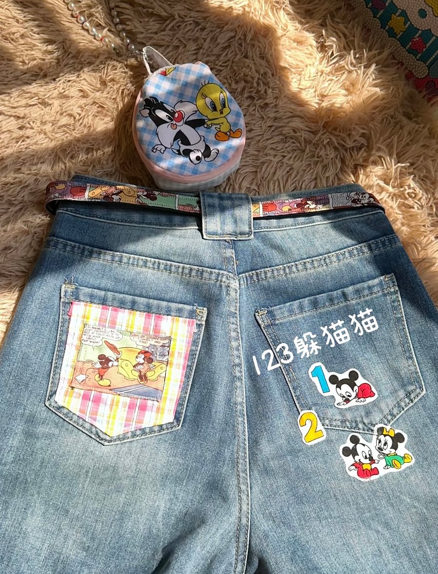 Vinesu A58 - Handmade Retro Mickey Patchwork Wide-Leg Jeans | 90s Nostalgia Custom Denim (No Belt Included)