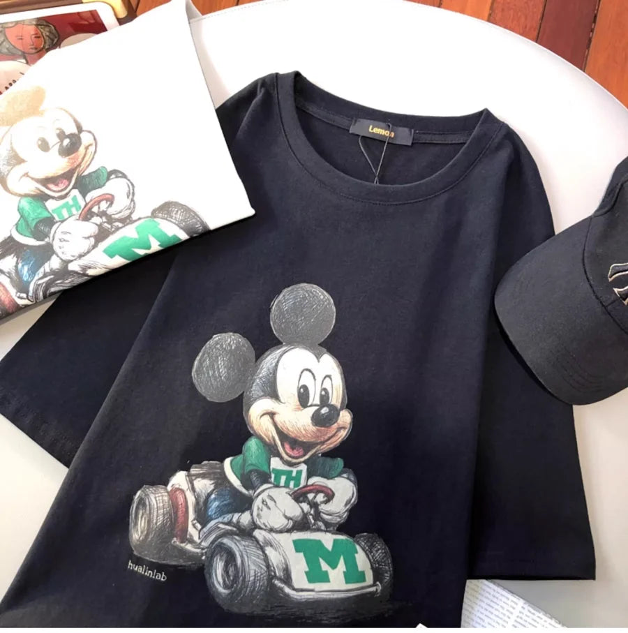 A142 - Vintage Sketch Mickey Mouse Go-Kart Graphic T-Shirt - Premium Heavyweight 100% Cotton (220g) - Retro Racing Style Tee