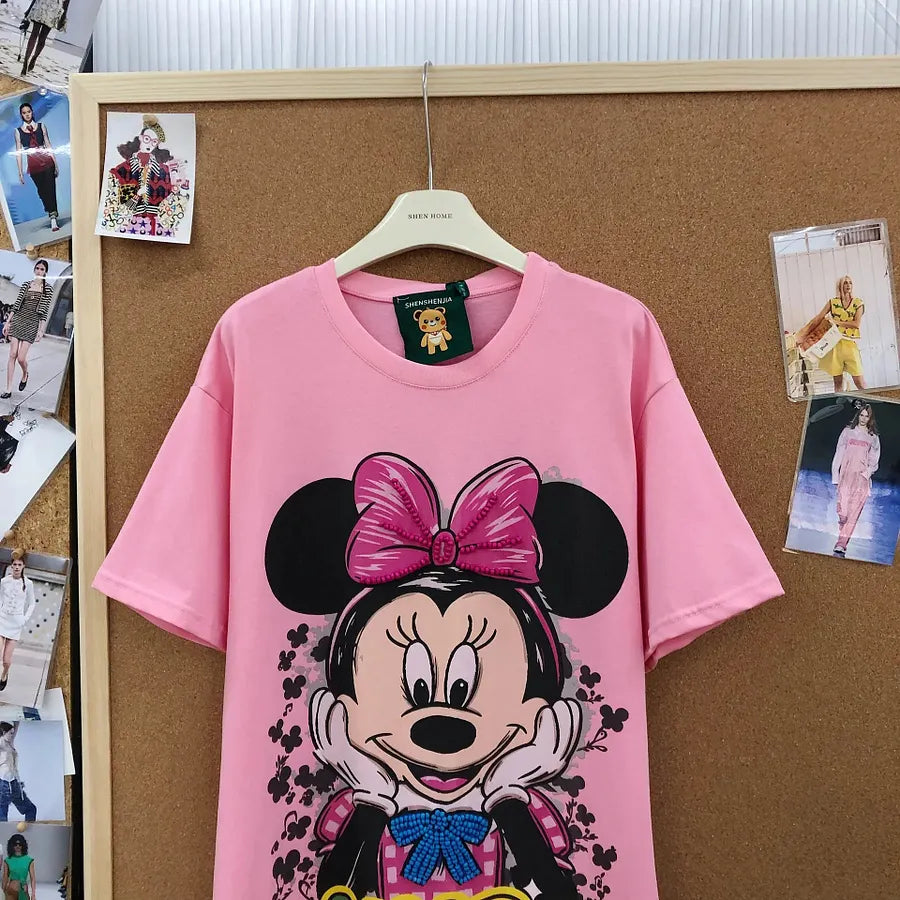 VINESU MKT04 - Cartoon Mouse Hand-Embellished Oversized Cotton T-Shirt