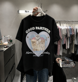 A259 - Good Partner Cat Graphic T-Shirt | 220G Heavy Cotton Tee with 3D Appliqué Details & Handmade Beaded Embroidery