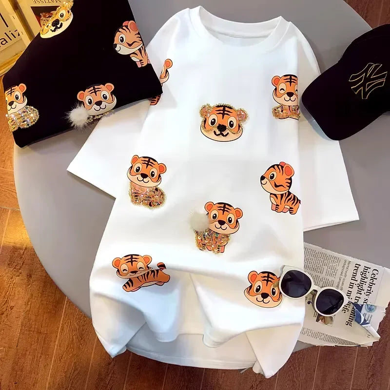 A101 - Oversized Graphic T-Shirt - Cute 3D Sequin Tiger Print Loose Cotton Tee with Pom-Pom Accents