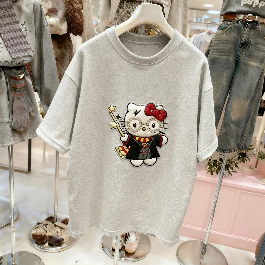 VINESU Magic Style Hello Kitty Rhinestone Glasses Embroidered T-Shirt