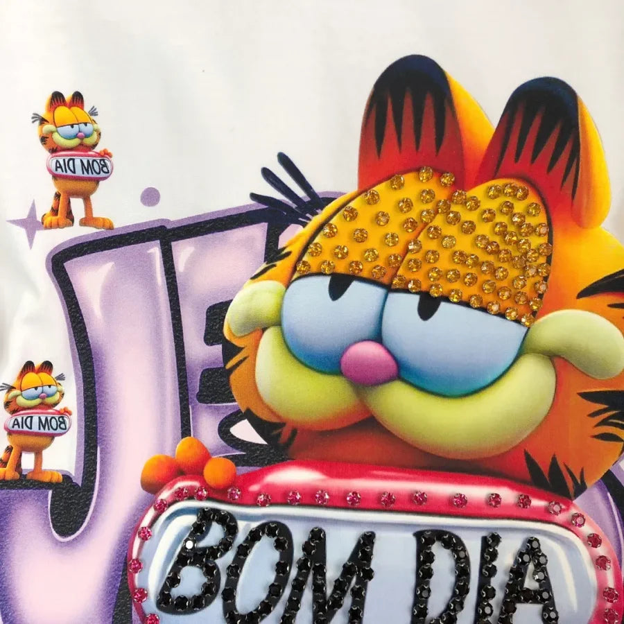 VINESU Rhinestone-Embellished Lazy Cat BOM DIA T-Shirt