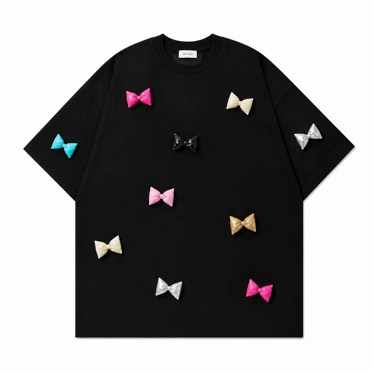 A243 - Handcrafted 3D Bow Accent Cotton Tee – Color Pop Statement T-Shirt