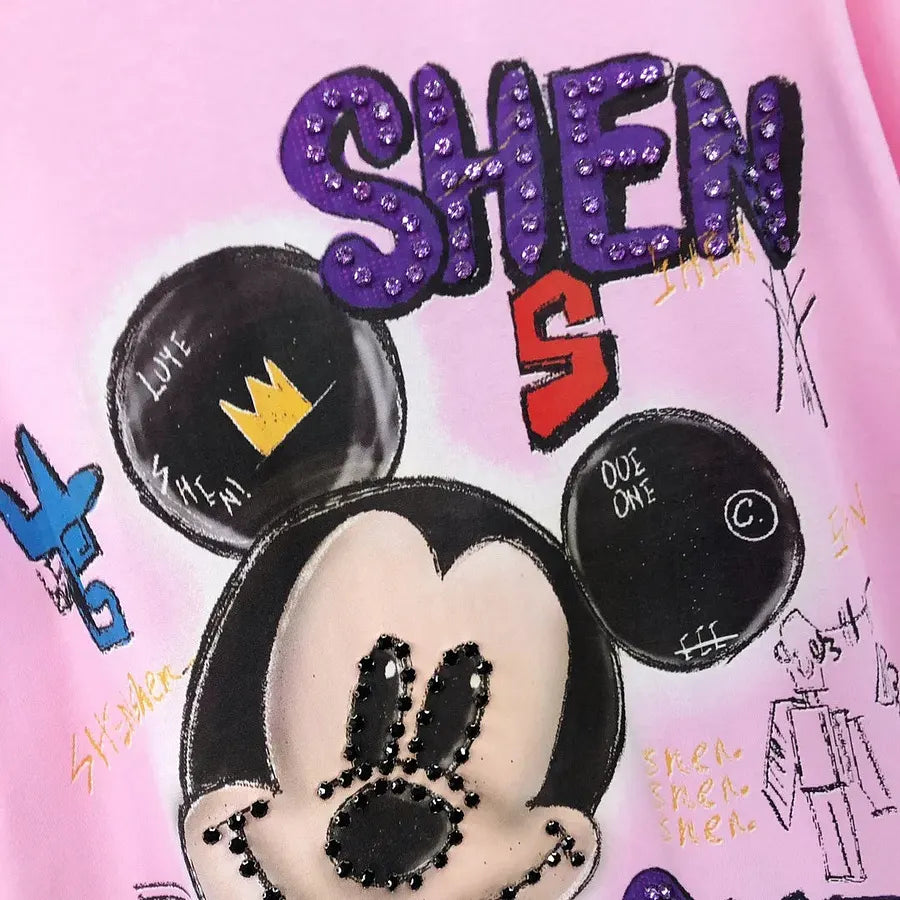 VINESU MKT07 - Oversized Graffiti Mouse T-Shirt for Women - 220g Breathable Cotton with Pearl & Rhinestone Embellishments (Sizes S-3XL)