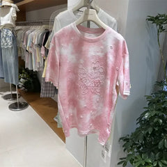 A139 - 2026 New Tie-Dye Cotton T-Shirt: Mickey Mouse Embroidery, Distressed Holes, and Hand-stitched Beadwork Flowers
