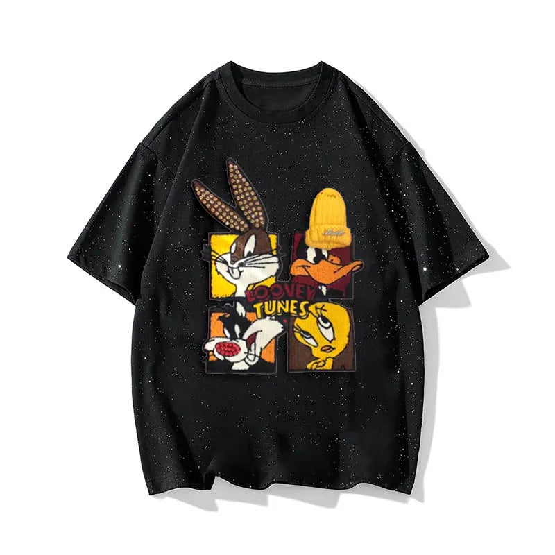 VINESU Looney Tunes 3D Accent Glitter Black T-Shirt | Edgy Streetwear Statement Top