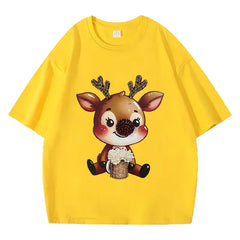 VINESU Y451 - 3D Beaded Reindeer Vintage Washed Short Sleeve Tee