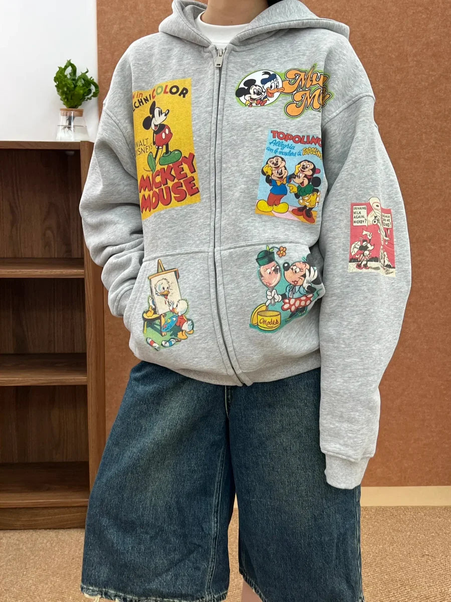 A75 - Vintage Disney Comic Print Distressed Zip-Up Hoodie | Loose Jacket