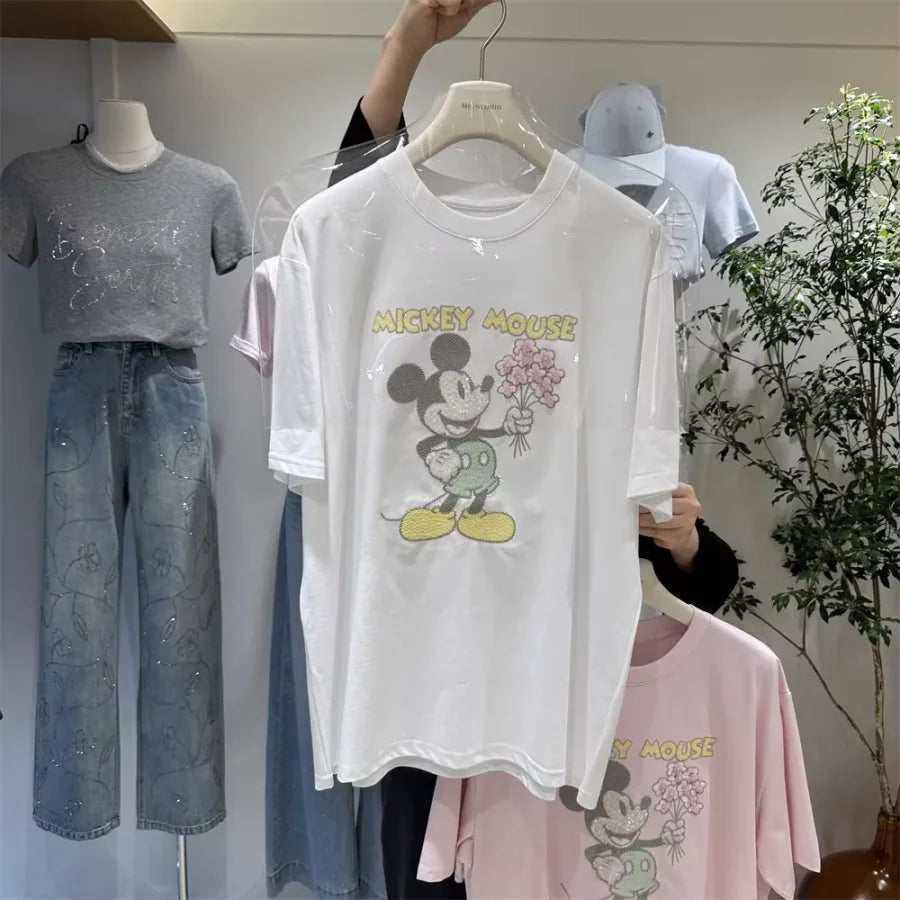 A138 - 2026 New Versatile Cotton Short Sleeve T-Shirt: Mickey Embroidery, Sequins, and 3D Flower Details