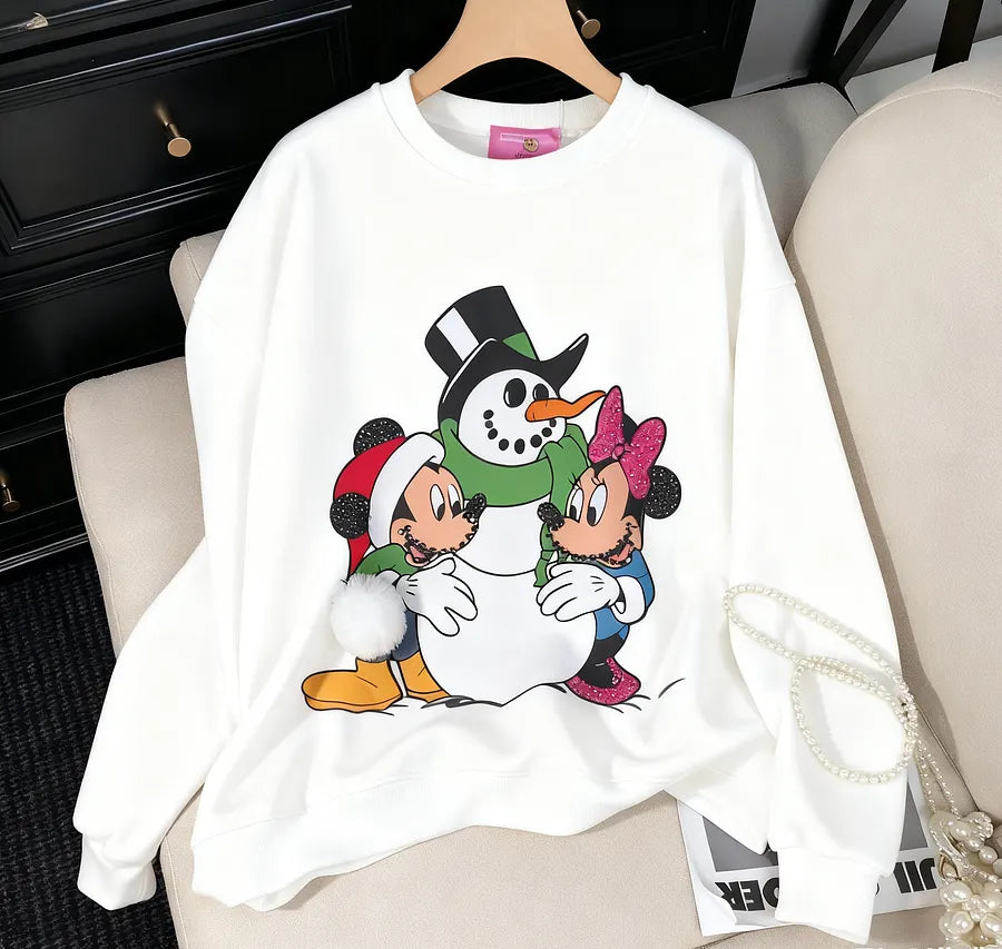 VINESU Christmas MK Cartoon Print Hand-Applied Beads Crewneck Sweatshirt