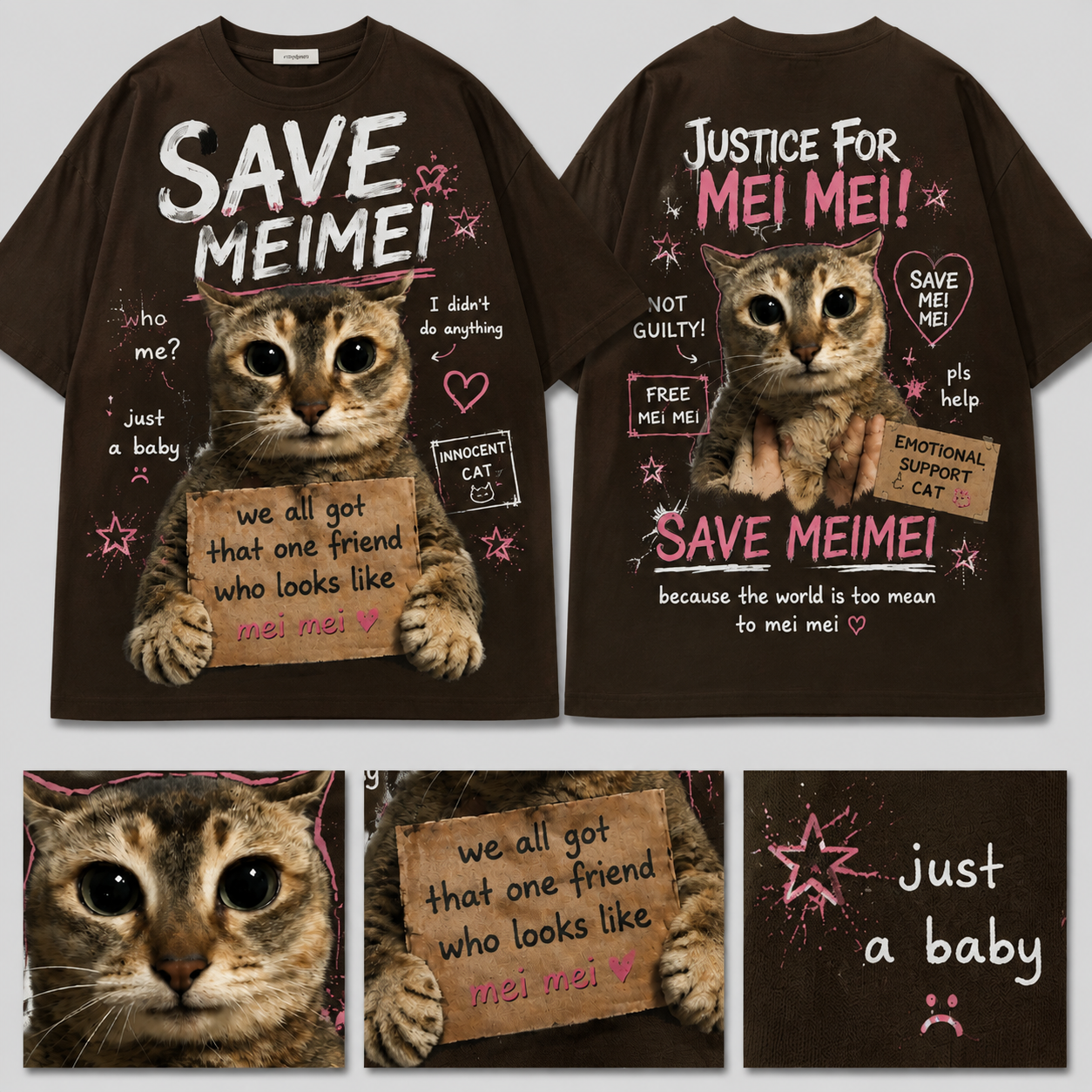 SaveMeiMei Funny Cat T-Shirt – Heavyweight Cotton Oversized Cat Meme Graphic Tee
