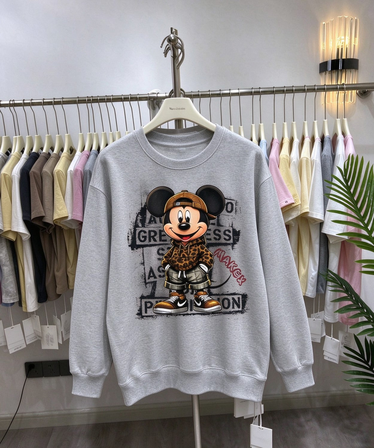 Leopard Street Mickey Graphic Cotton Sweatshirt | Casual Crewneck Pullover