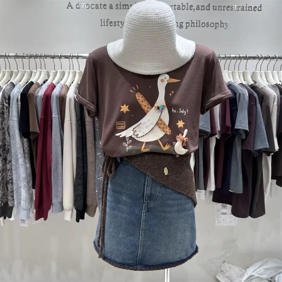 A106 - "Hi, July!" Artistic Goose Graphic T-Shirt - 220g Ultra-Heavyweight Cotton Tee with 3D Beaded Necklace & Patchwork Details