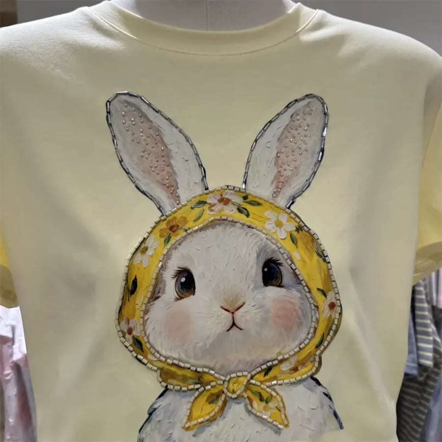 A122 -220g Cotton Tee with Hand-Beaded Bunny & Floral Hood Motif