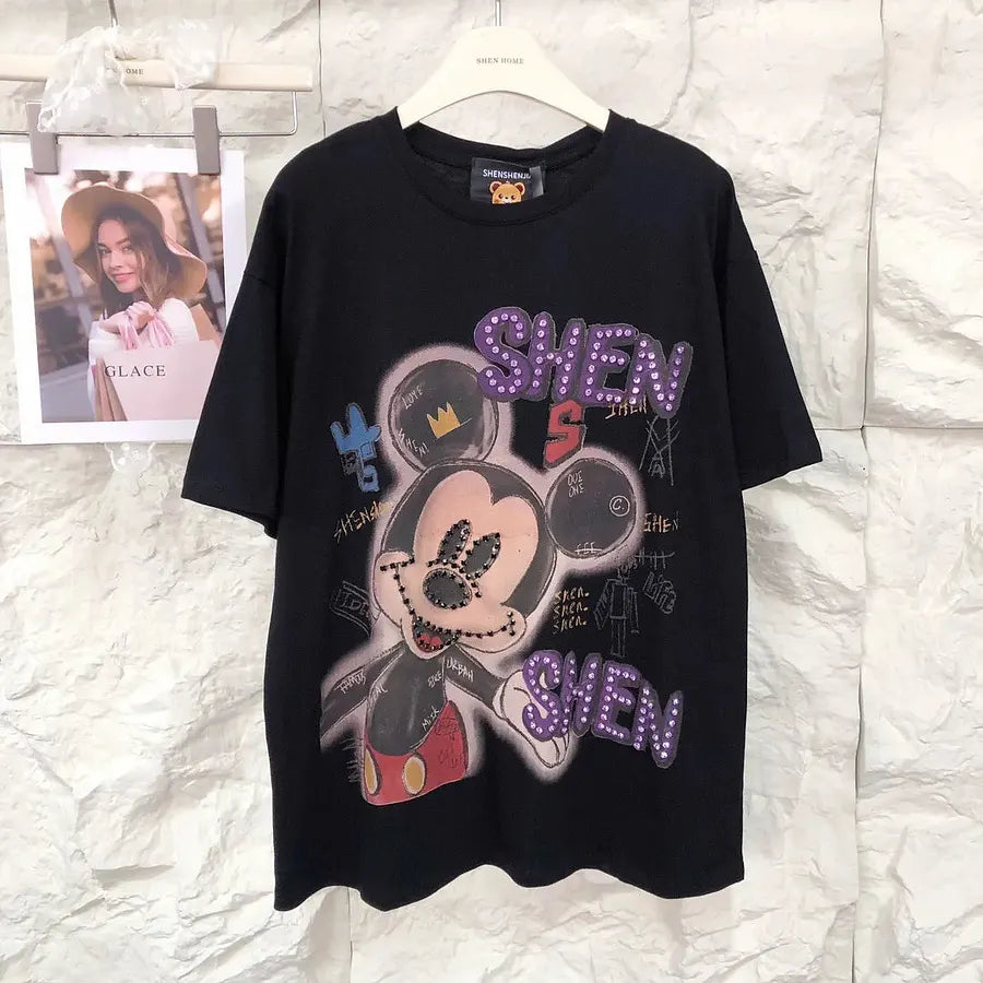 VINESU MKT07 - Oversized Graffiti Mouse T-Shirt for Women - 220g Breathable Cotton with Pearl & Rhinestone Embellishments (Sizes S-3XL)