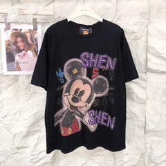 VINESU MKT07 - Oversized Graffiti Mouse T-Shirt for Women - 220g Breathable Cotton with Pearl & Rhinestone Embellishments (Sizes S-3XL)