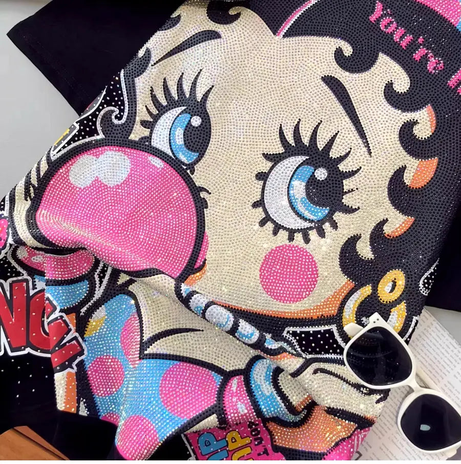 VINESU A01 - Rhinestone Betty Boop Cotton Brushed Oversized T-Shirt