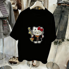 VINESU Magic Style Hello Kitty Rhinestone Glasses Embroidered T-Shirt