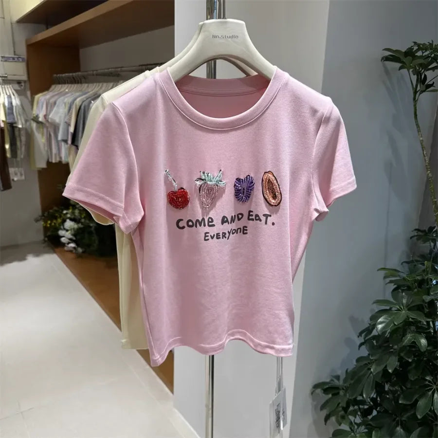 A121 - Luxury Fruit Embroidery Beaded T-Shirt - 100% Heavy Cotton