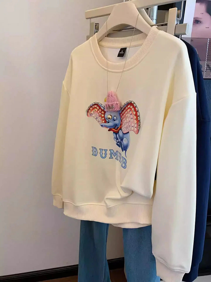 VINESU Dumbo Sweatshirt - with ears covered in shiny rhinestones and wearing a three - dimensional plush small hat
