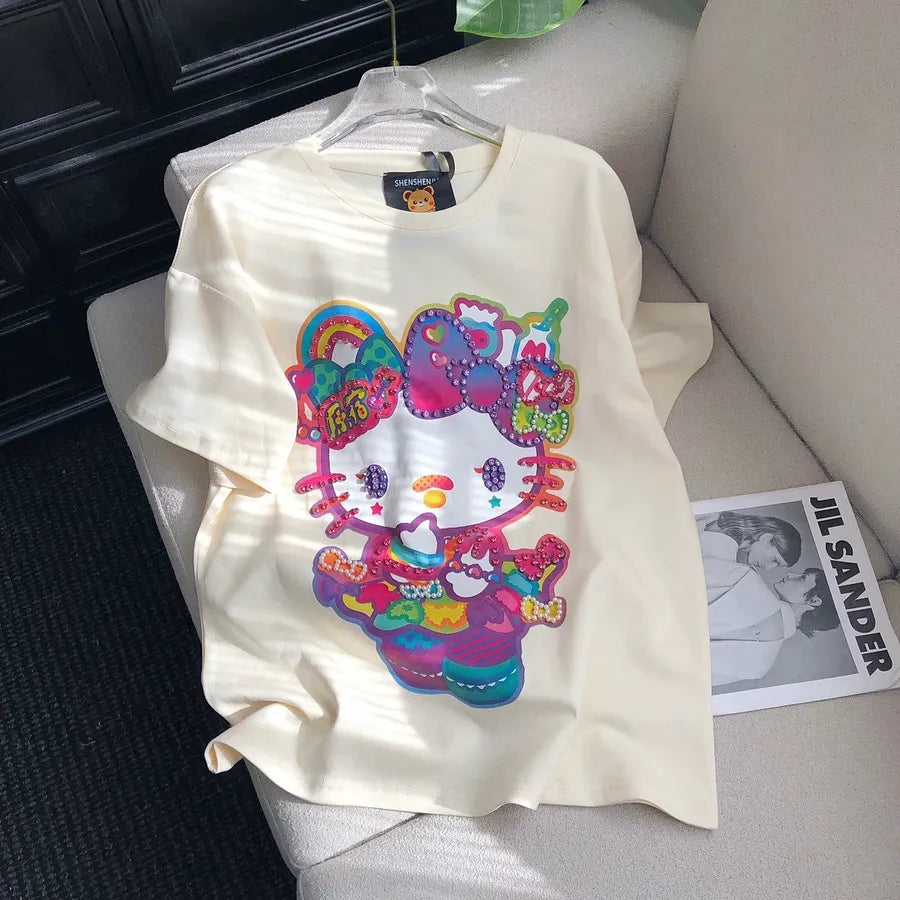 VINESU Diamond-Embellished Colorful Hello Kitty Short Sleeve 🌸