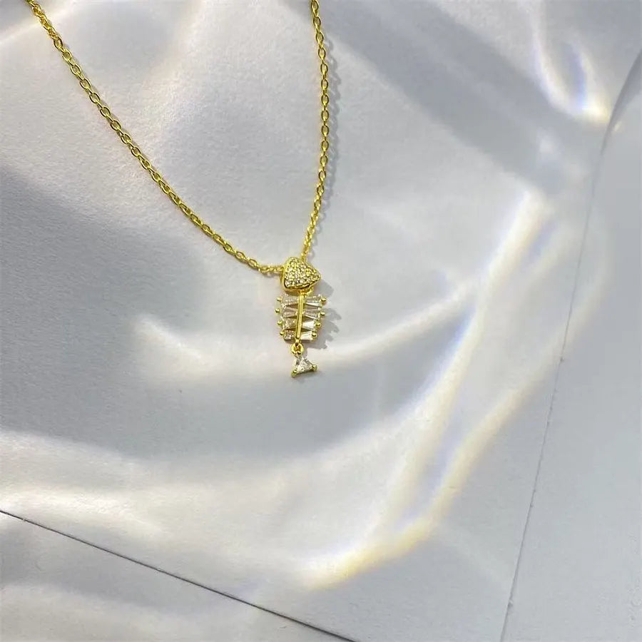 VINESU 925 Sterling Silver Fishbone Heart Necklace with Cubic Zirconia - Gold Plated Pendant Necklace with Gift Box for Women