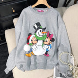 VINESU Christmas MK Cartoon Print Hand-Applied Beads Crewneck Sweatshirt
