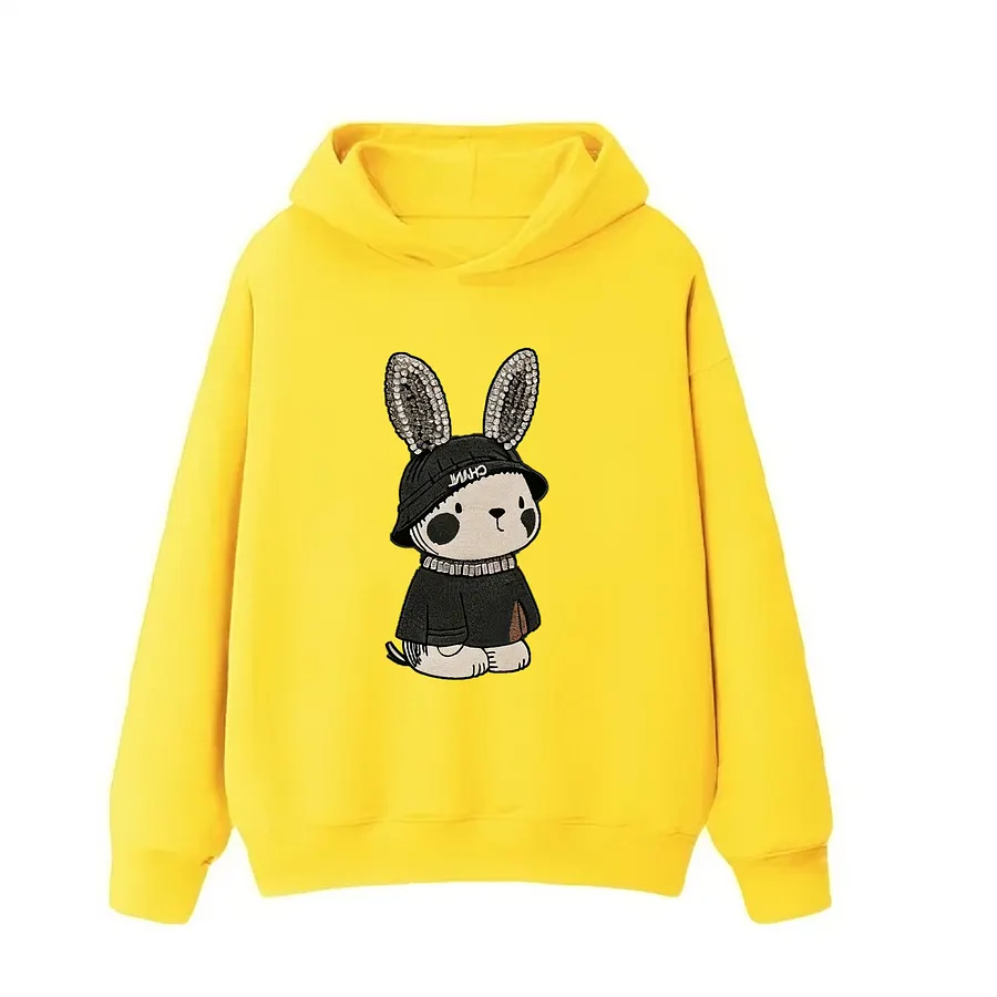 VINESU Cool Bling Bunny Ear Embroidered Hoodie｜3D Embroidery + Rhinestone Ears