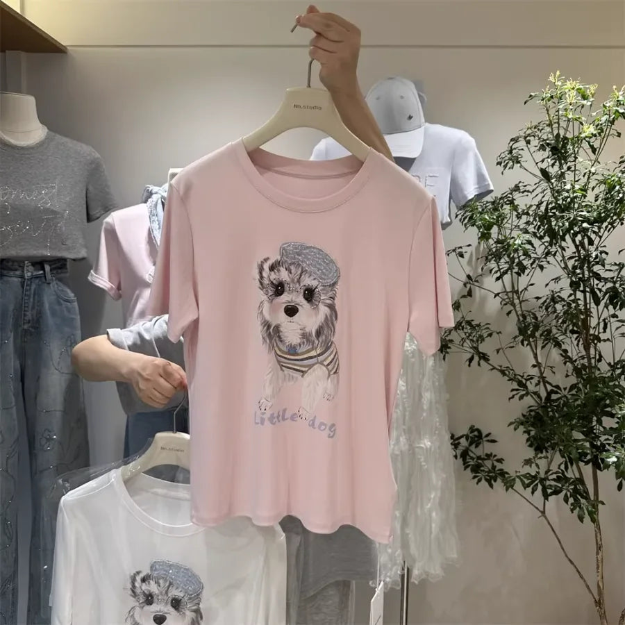 A127 - 220g Heavyweight Cotton Poodle Graphic Tee - 3D Terry Cloth Embroidery Dog & Heart Balloon T-Shirt - Premium Boutique Summer Top