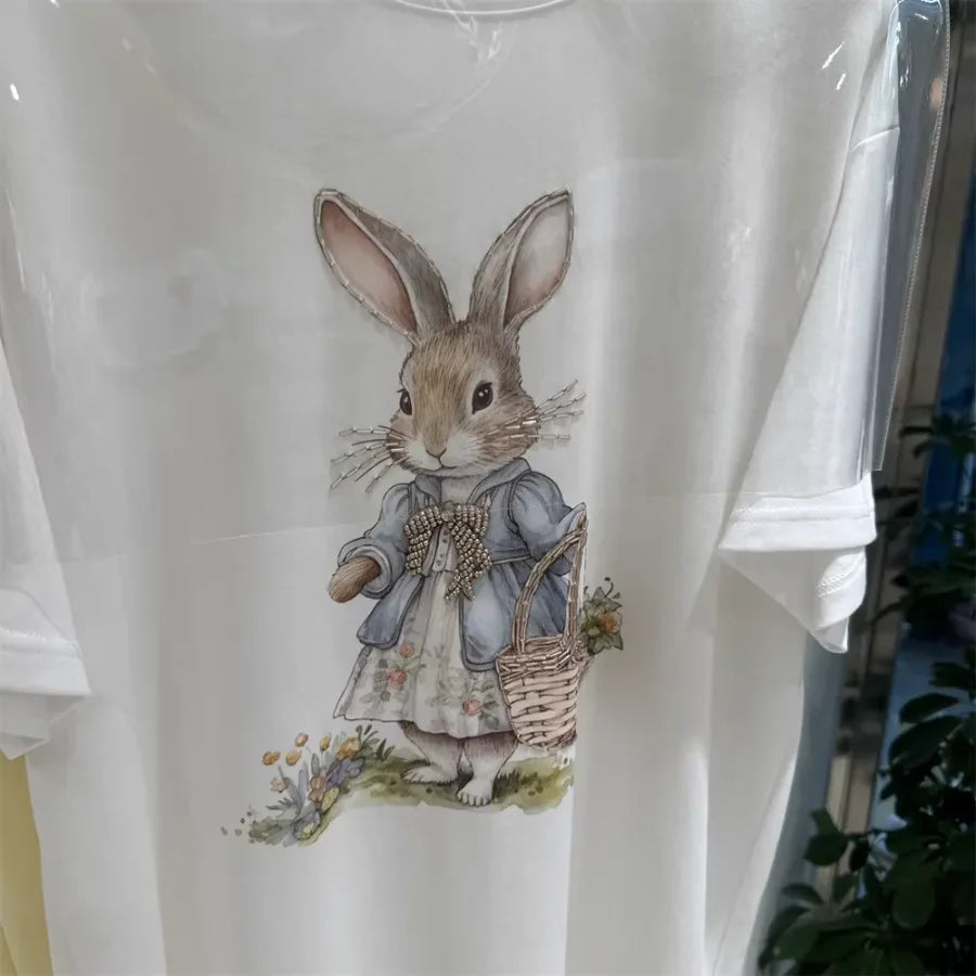 A136 - Oversized Rabbit Embroidery Tee - 220g Premium Cotton with Silver Bead Accents