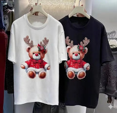 A166 - Luxury 3D Reindeer Christmas Tee - Hand-Embroidered Crystal Beaded T-Shirt - 220g Premium Cotton Structured Holiday Top